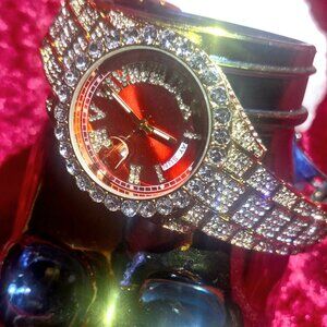 New Simulated diamond watch with red face - Gold overlay